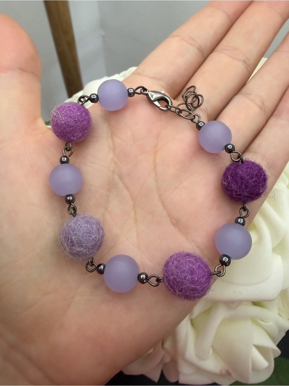 Purple Felt & Frosted Bead Bracelet - Women Jewelry